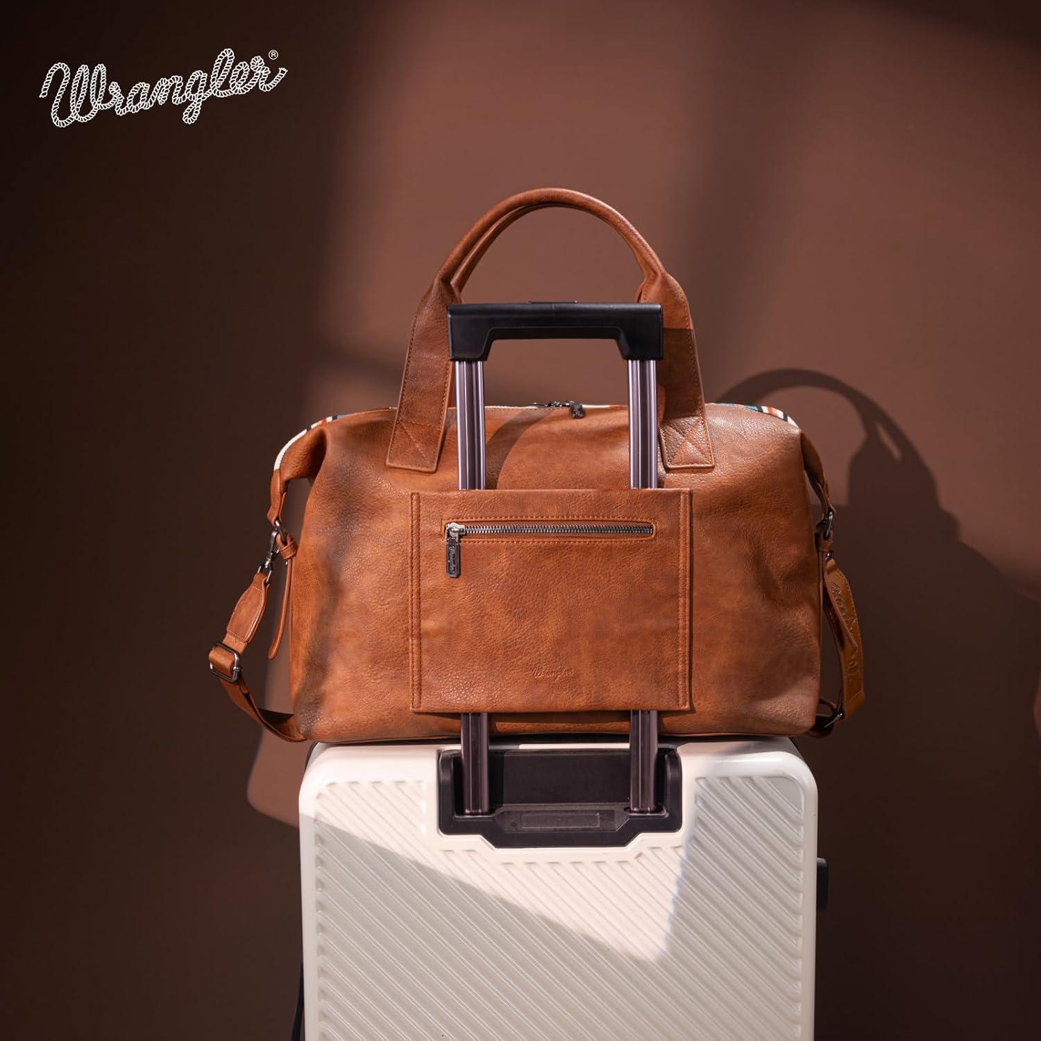 imageWrangler Rustler Wildside CowPrint Weekender Duffel Bag Large Carry On Bags with Tassels CoffeeCanvas CottonAztec Beige