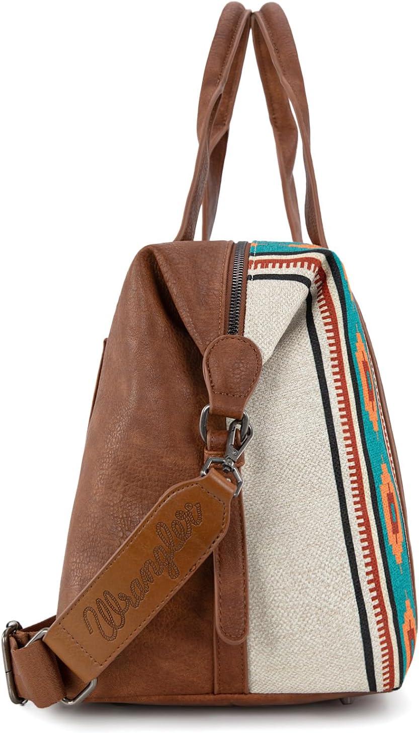 imageWrangler Rustler Wildside CowPrint Weekender Duffel Bag Large Carry On Bags with Tassels CoffeeCanvas CottonAztec Beige