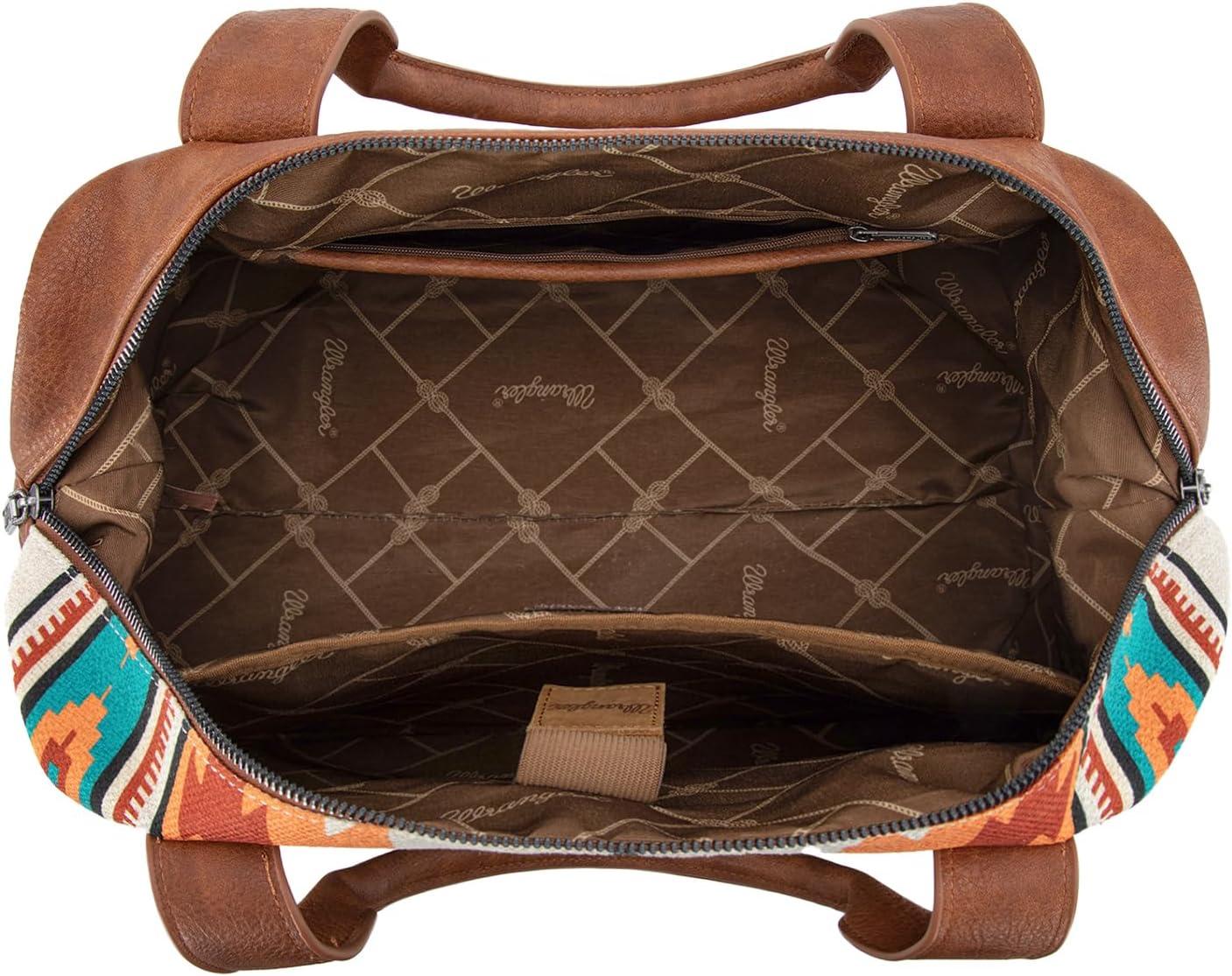imageWrangler Rustler Wildside CowPrint Weekender Duffel Bag Large Carry On Bags with Tassels CoffeeCanvas CottonAztec Beige