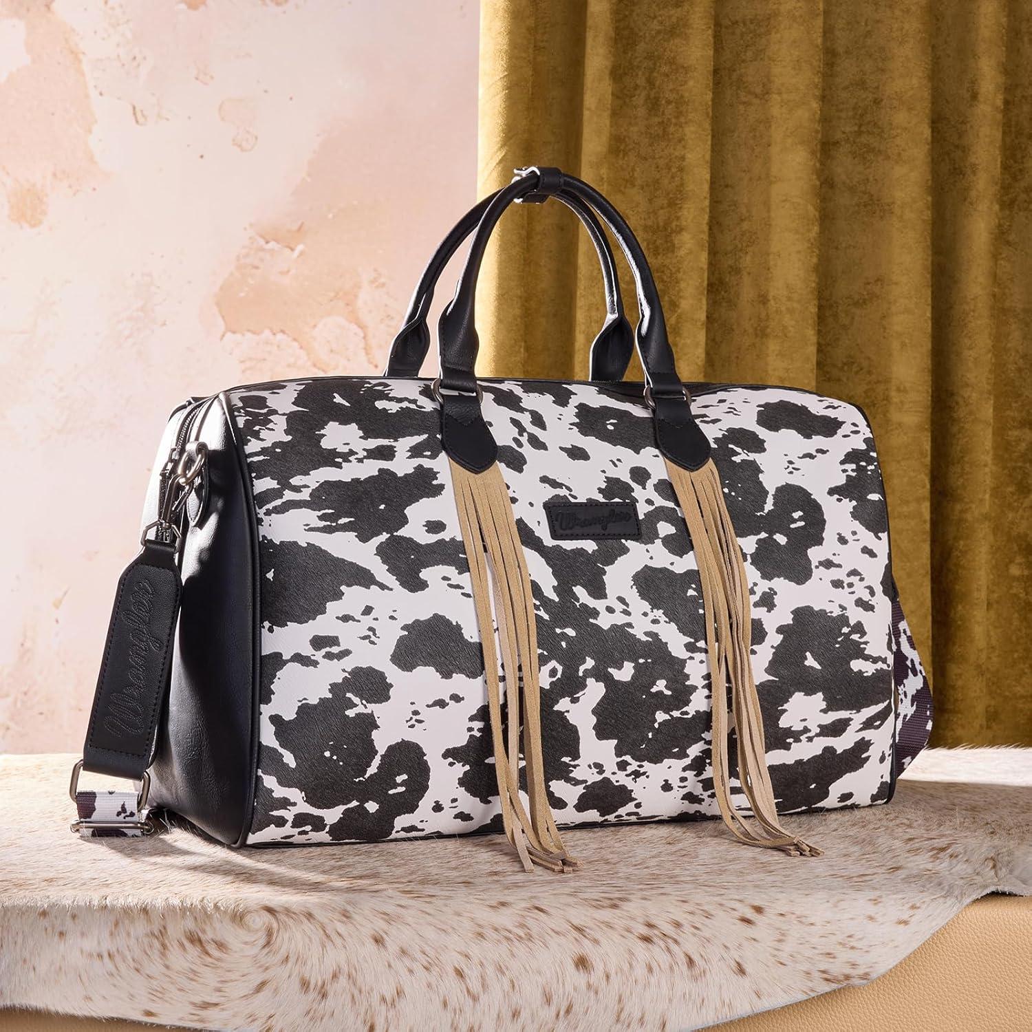 imageWrangler Rustler Wildside CowPrint Weekender Duffel Bag Large Carry On Bags with Tassels CoffeeCowhideBlack
