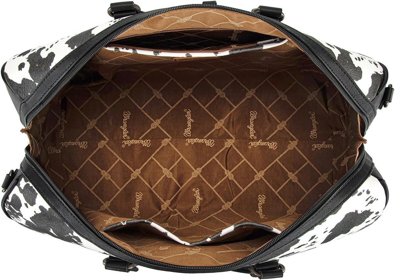 imageWrangler Rustler Wildside CowPrint Weekender Duffel Bag Large Carry On Bags with Tassels CoffeeCowhideBlack