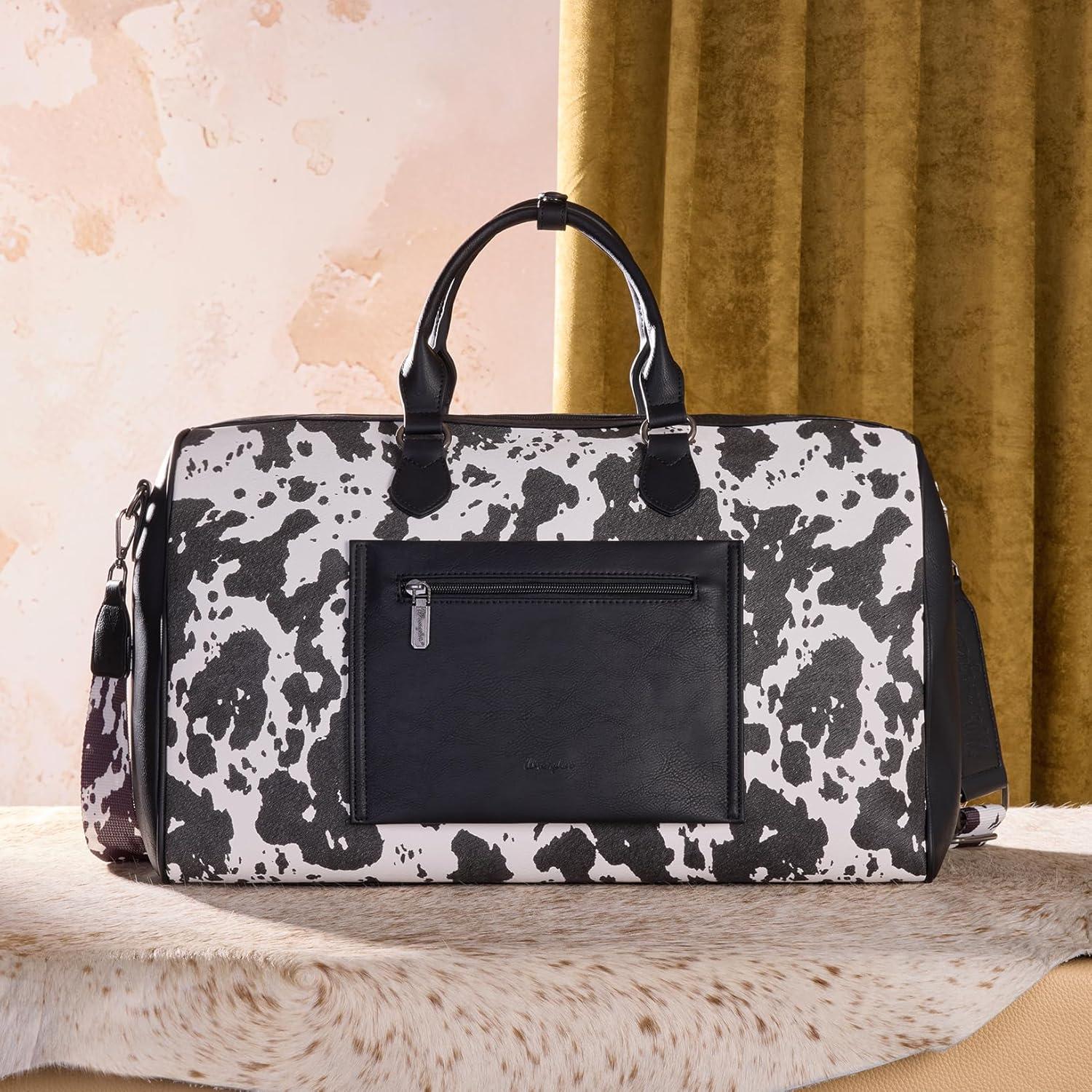 imageWrangler Rustler Wildside CowPrint Weekender Duffel Bag Large Carry On Bags with Tassels CoffeeCowhideBlack