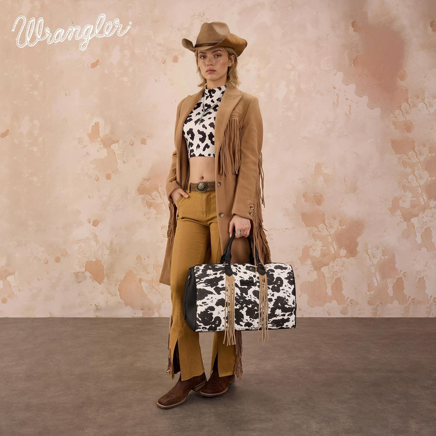 imageWrangler Rustler Wildside CowPrint Weekender Duffel Bag Large Carry On Bags with Tassels CoffeeCowhideBlack