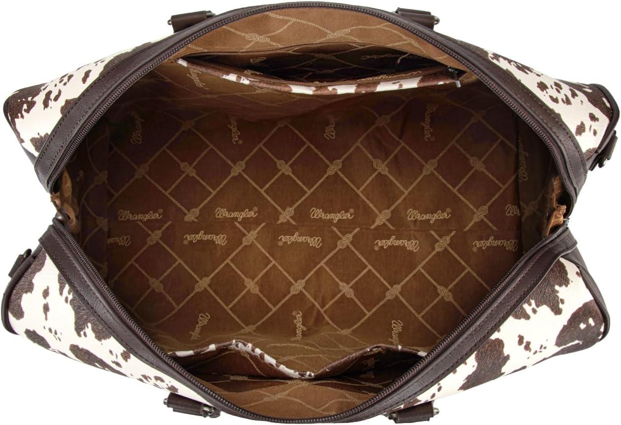 imageWrangler Rustler Wildside CowPrint Weekender Duffel Bag Large Carry On Bags with Tassels CoffeeCowhideCoffee