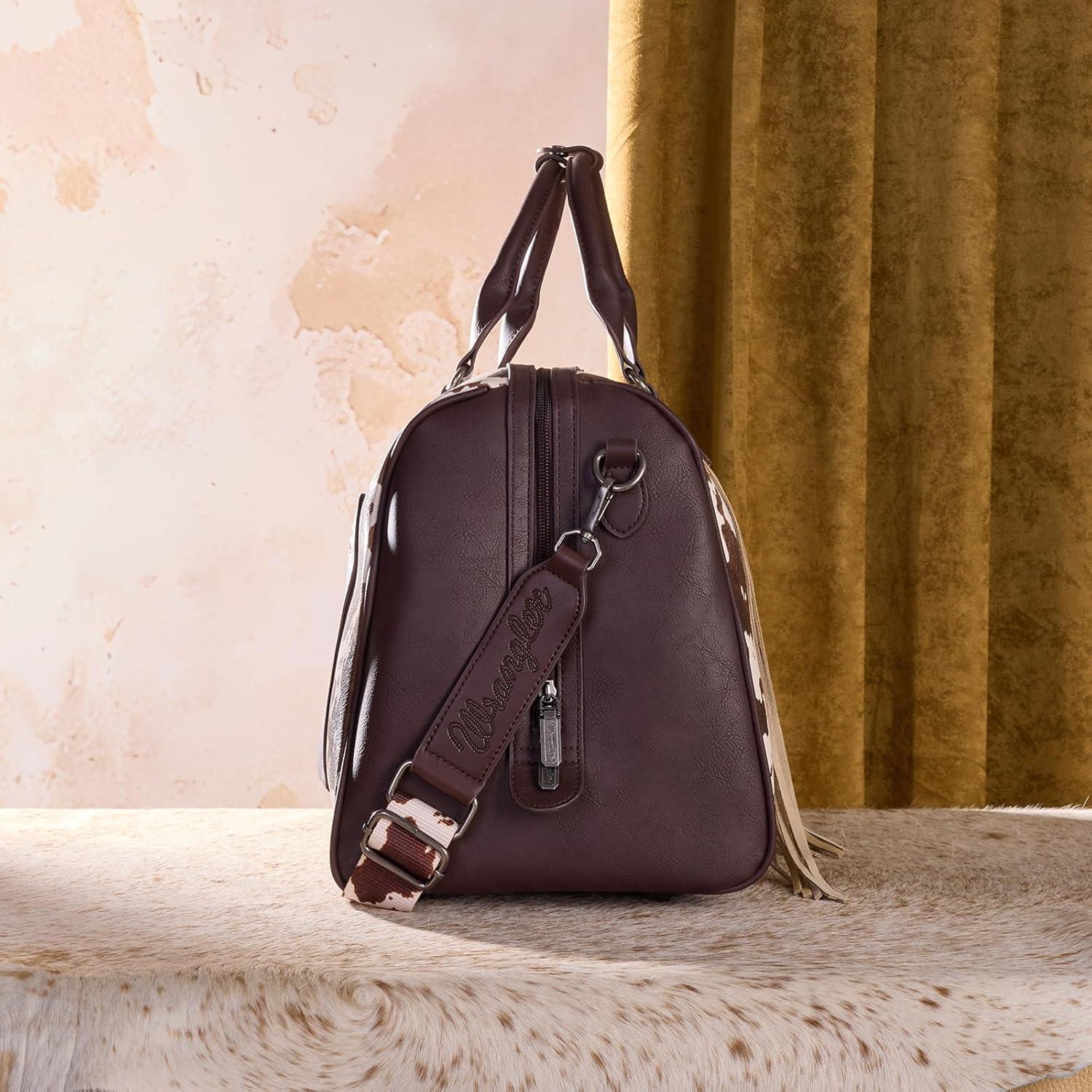 imageWrangler Rustler Wildside CowPrint Weekender Duffel Bag Large Carry On Bags with Tassels CoffeeCowhideCoffee