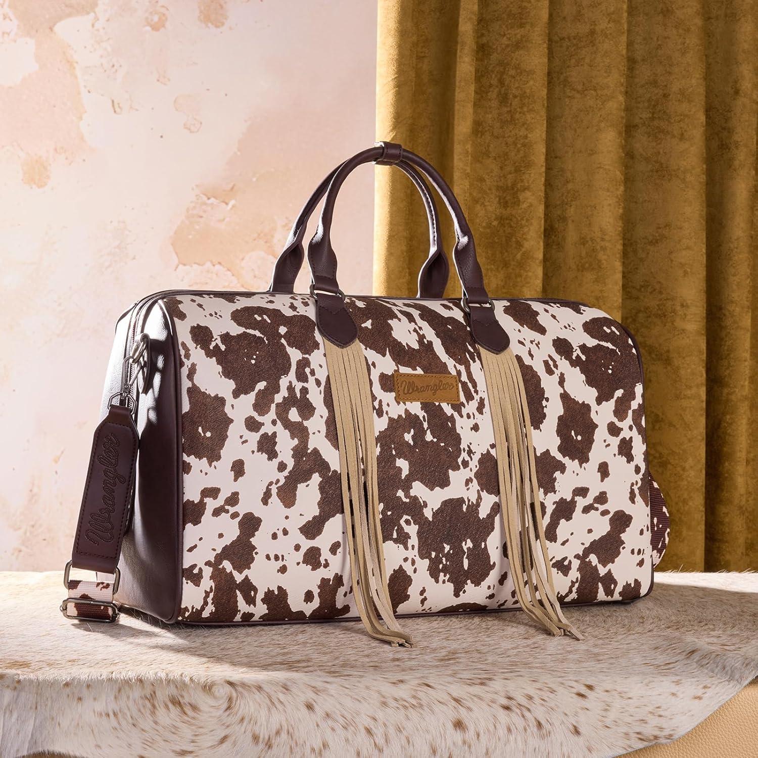 imageWrangler Rustler Wildside CowPrint Weekender Duffel Bag Large Carry On Bags with Tassels CoffeeCowhideCoffee