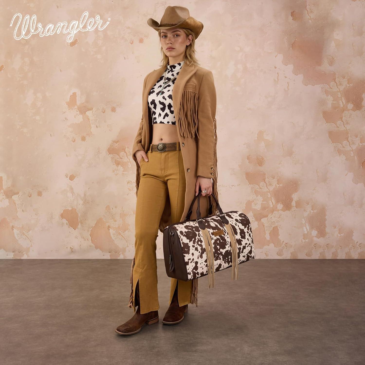 imageWrangler Rustler Wildside CowPrint Weekender Duffel Bag Large Carry On Bags with Tassels CoffeeCowhideCoffee