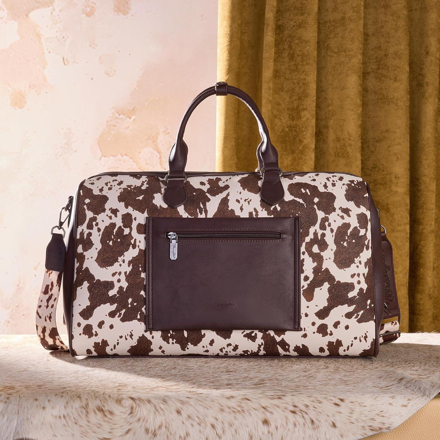 imageWrangler Rustler Wildside CowPrint Weekender Duffel Bag Large Carry On Bags with Tassels CoffeeCowhideCoffee