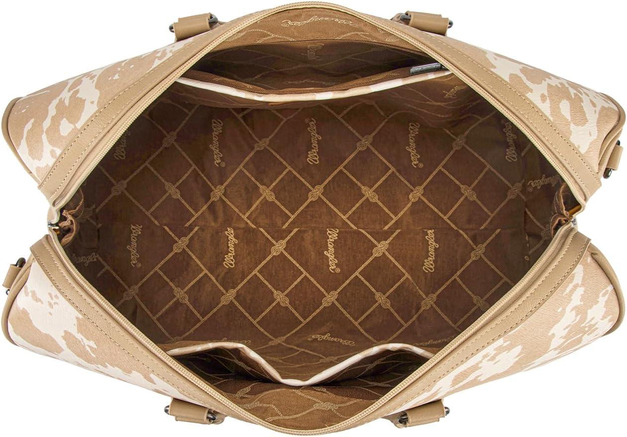 imageWrangler Rustler Wildside CowPrint Weekender Duffel Bag Large Carry On Bags with Tassels CoffeeCowhideTan