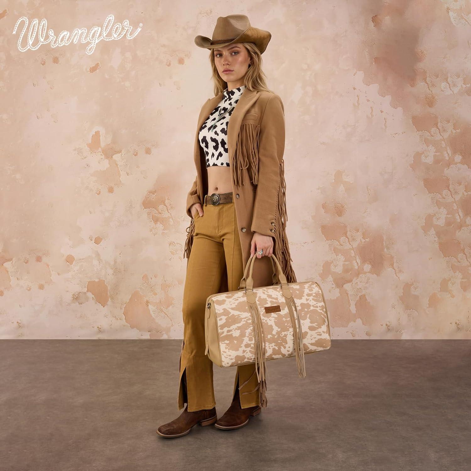 imageWrangler Rustler Wildside CowPrint Weekender Duffel Bag Large Carry On Bags with Tassels CoffeeCowhideTan