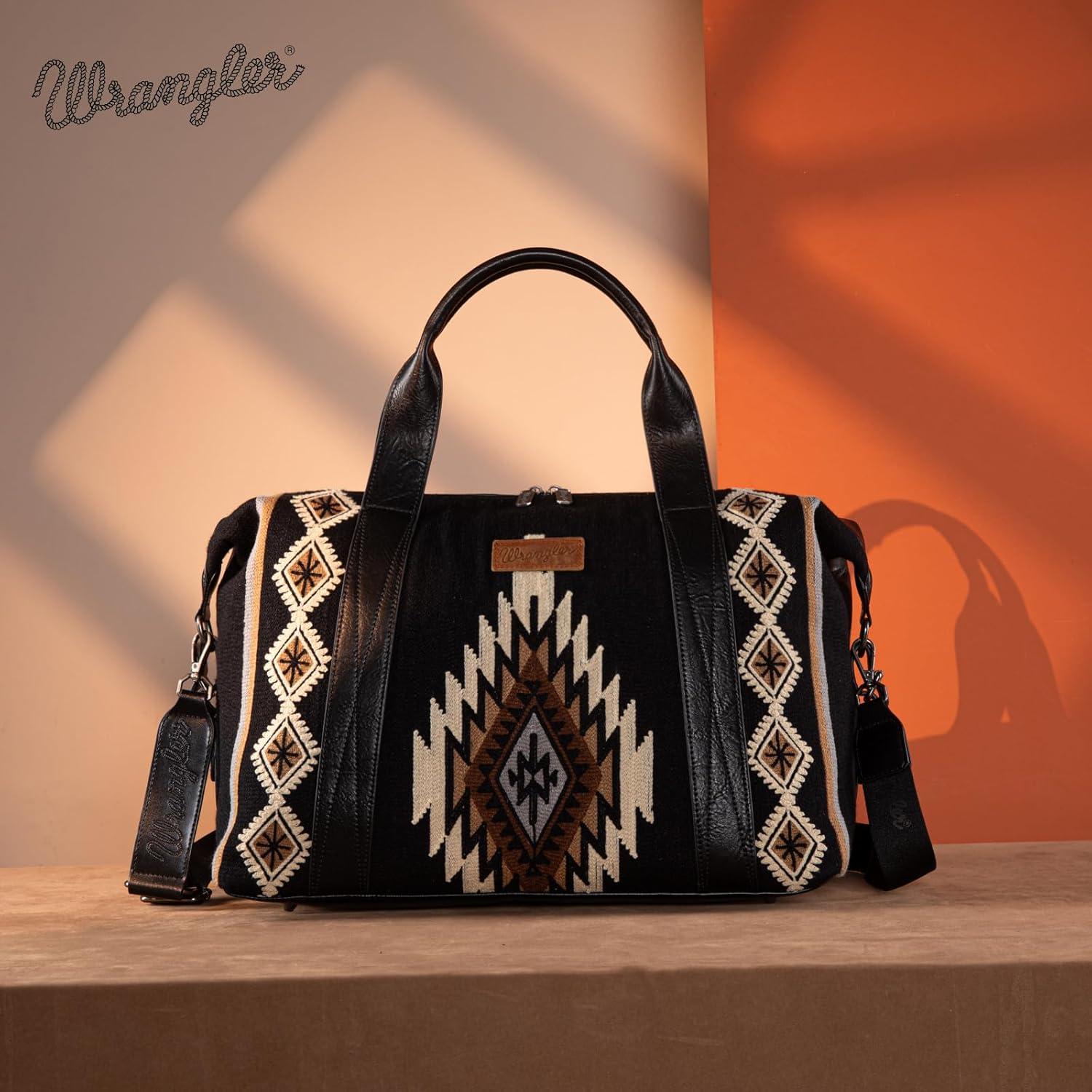 imageWrangler Rustler Wildside CowPrint Weekender Duffel Bag Large Carry On Bags with Tassels CoffeeTapestryBlack
