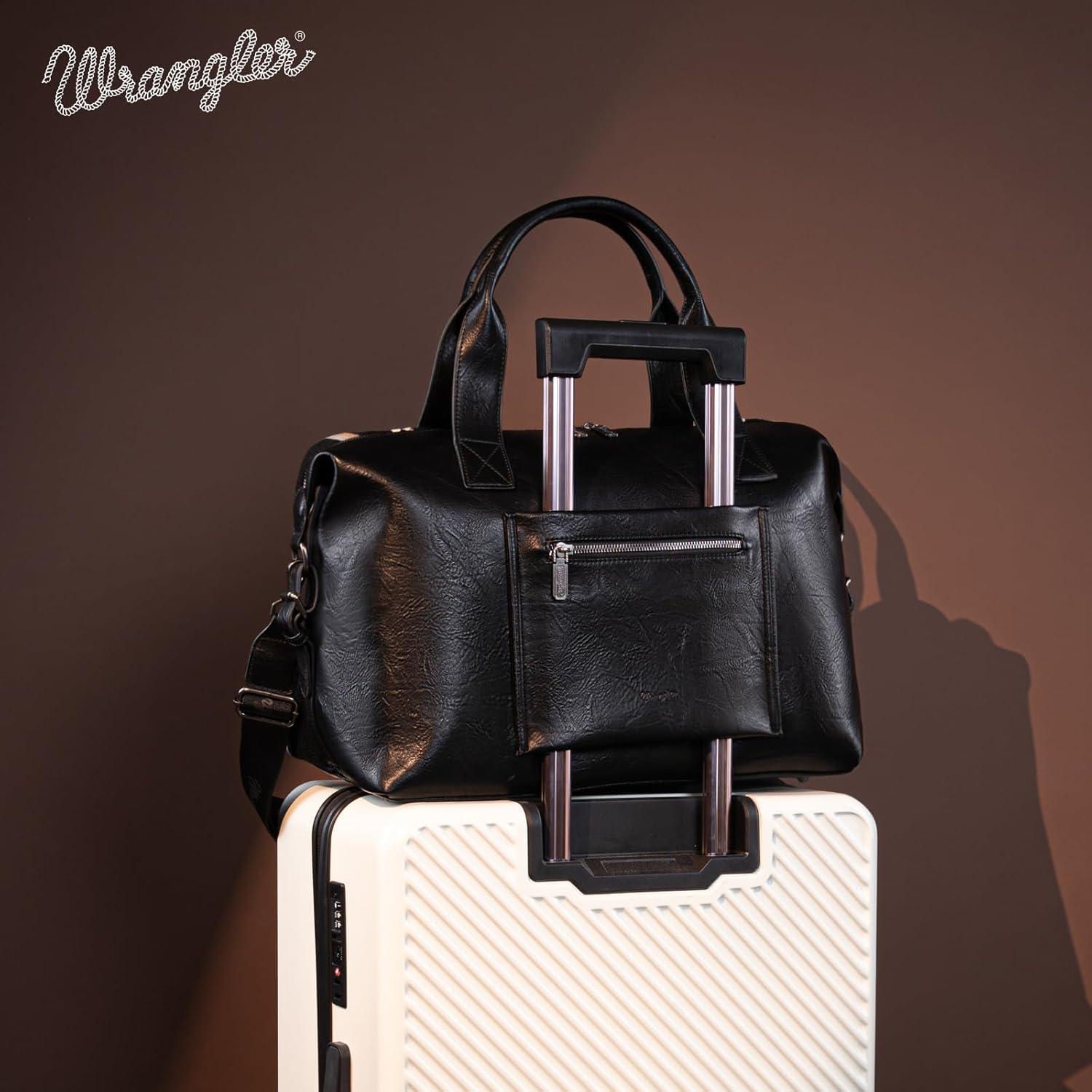 imageWrangler Rustler Wildside CowPrint Weekender Duffel Bag Large Carry On Bags with Tassels CoffeeTapestryBlack