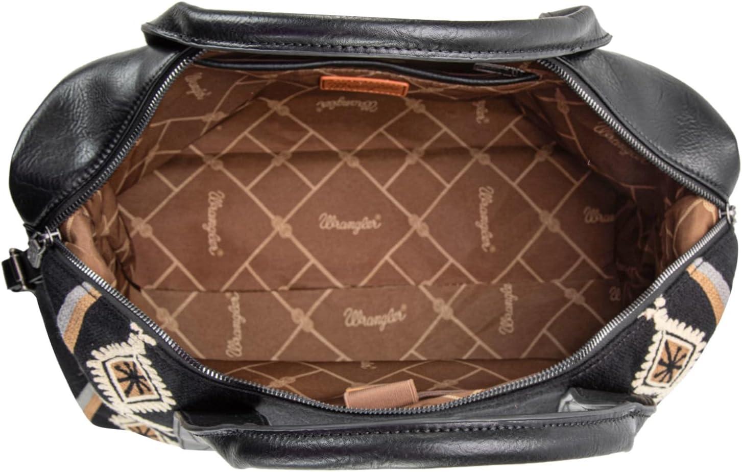 imageWrangler Rustler Wildside CowPrint Weekender Duffel Bag Large Carry On Bags with Tassels CoffeeTapestryBlack