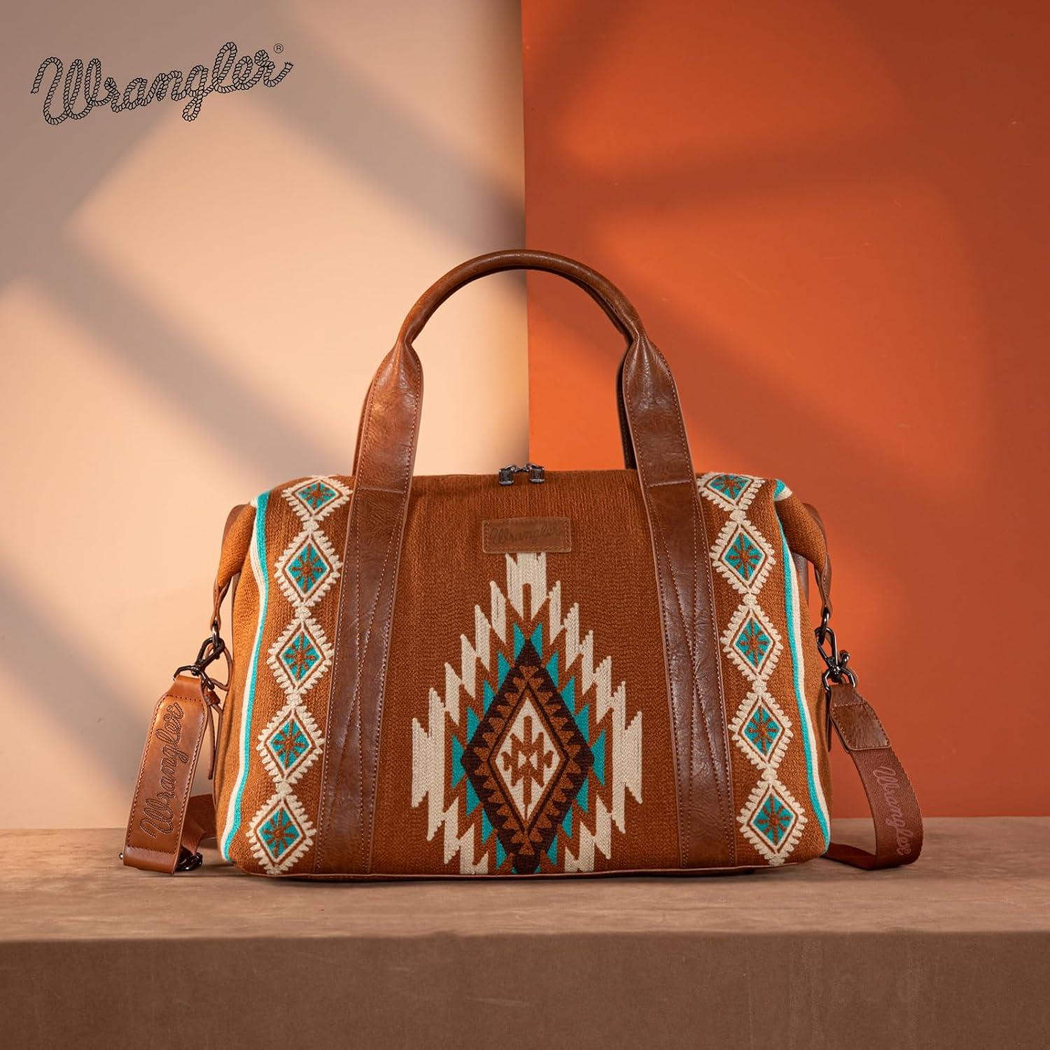 imageWrangler Rustler Wildside CowPrint Weekender Duffel Bag Large Carry On Bags with Tassels CoffeeTapestryBrown