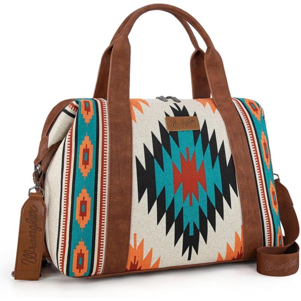 imageWrangler Rustler Wildside CowPrint Weekender Duffel Bag Large Carry On Bags with Tassels CoffeeCanvas CottonAztec Beige