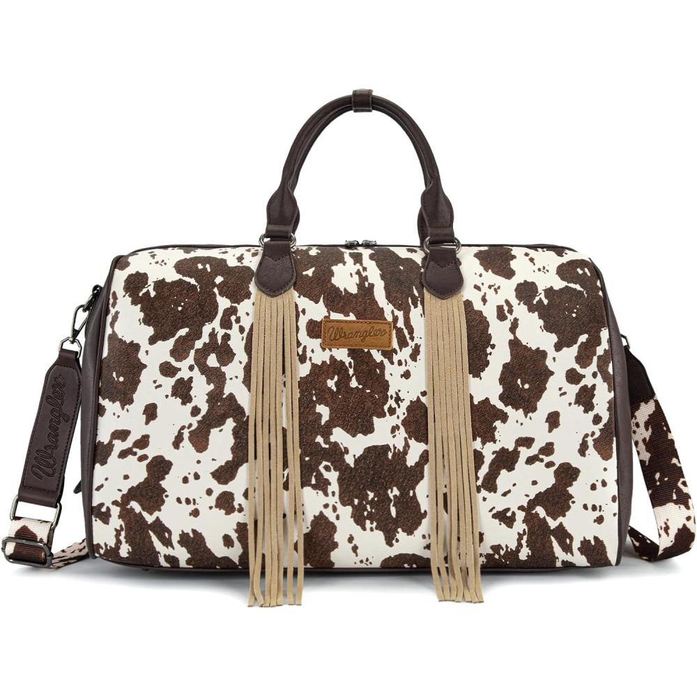 imageWrangler Rustler Wildside CowPrint Weekender Duffel Bag Large Carry On Bags with Tassels CoffeeCowhideCoffee