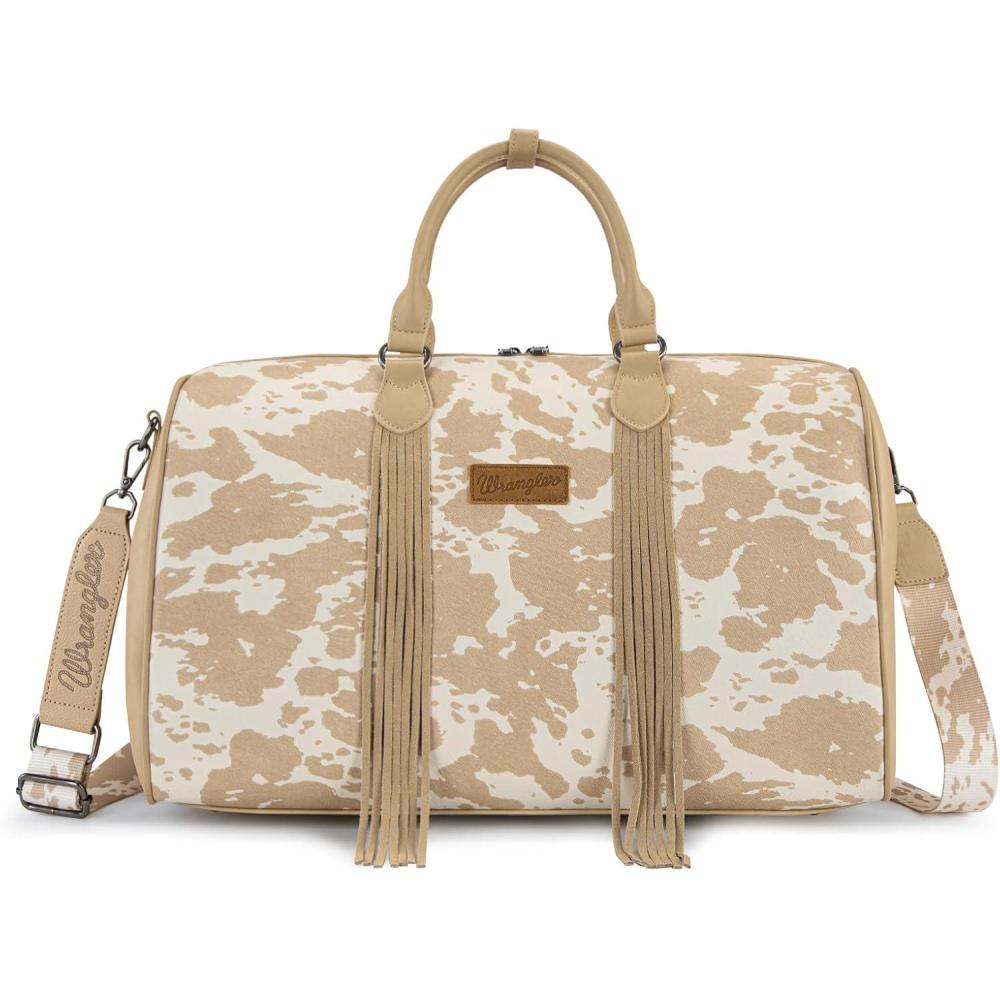imageWrangler Rustler Wildside CowPrint Weekender Duffel Bag Large Carry On Bags with Tassels CoffeeCowhideTan