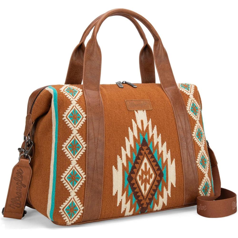 imageWrangler Rustler Wildside CowPrint Weekender Duffel Bag Large Carry On Bags with Tassels CoffeeTapestryBrown