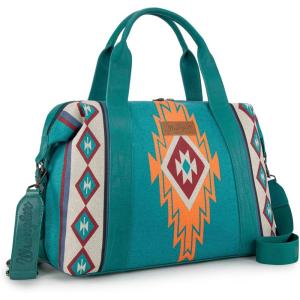 Wrangler Rustler Wildside Cow-Print Weekender Duffel Bag Large Carry On Bags with Tassels, Coffee(Canvas Cotton-Aztec Turquoise)