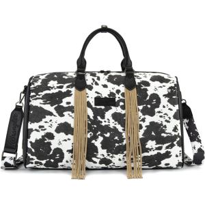 Wrangler Rustler Wildside Cow-Print Weekender Duffel Bag Large Carry On Bags with Tassels, Coffee(Cowhide-Black)