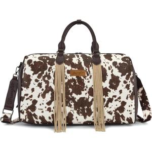 Wrangler Rustler Wildside Cow-Print Weekender Duffel Bag Large Carry On Bags with Tassels, Coffee(Cowhide-Coffee)