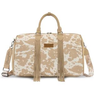 Wrangler Rustler Wildside Cow-Print Weekender Duffel Bag Large Carry On Bags with Tassels, Coffee(Cowhide-Tan)