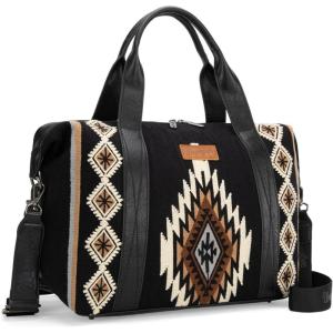 Wrangler Rustler Wildside Cow-Print Weekender Duffel Bag Large Carry On Bags with Tassels, Coffee(Tapestry-Black)