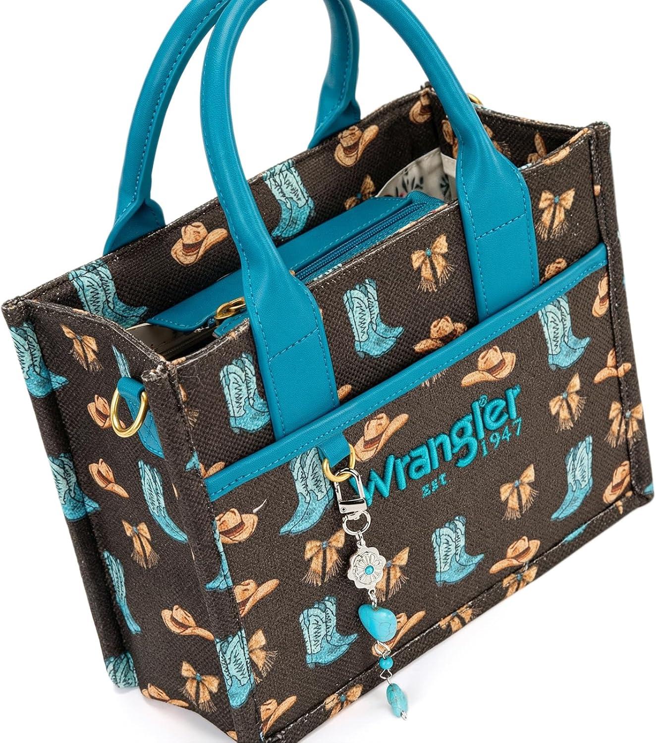 imageMontana West Wrangler Rodeo Icons Tote Bags Medium Satchel Handbags Western Canvas Top Handle with CharmPrint Coffee
