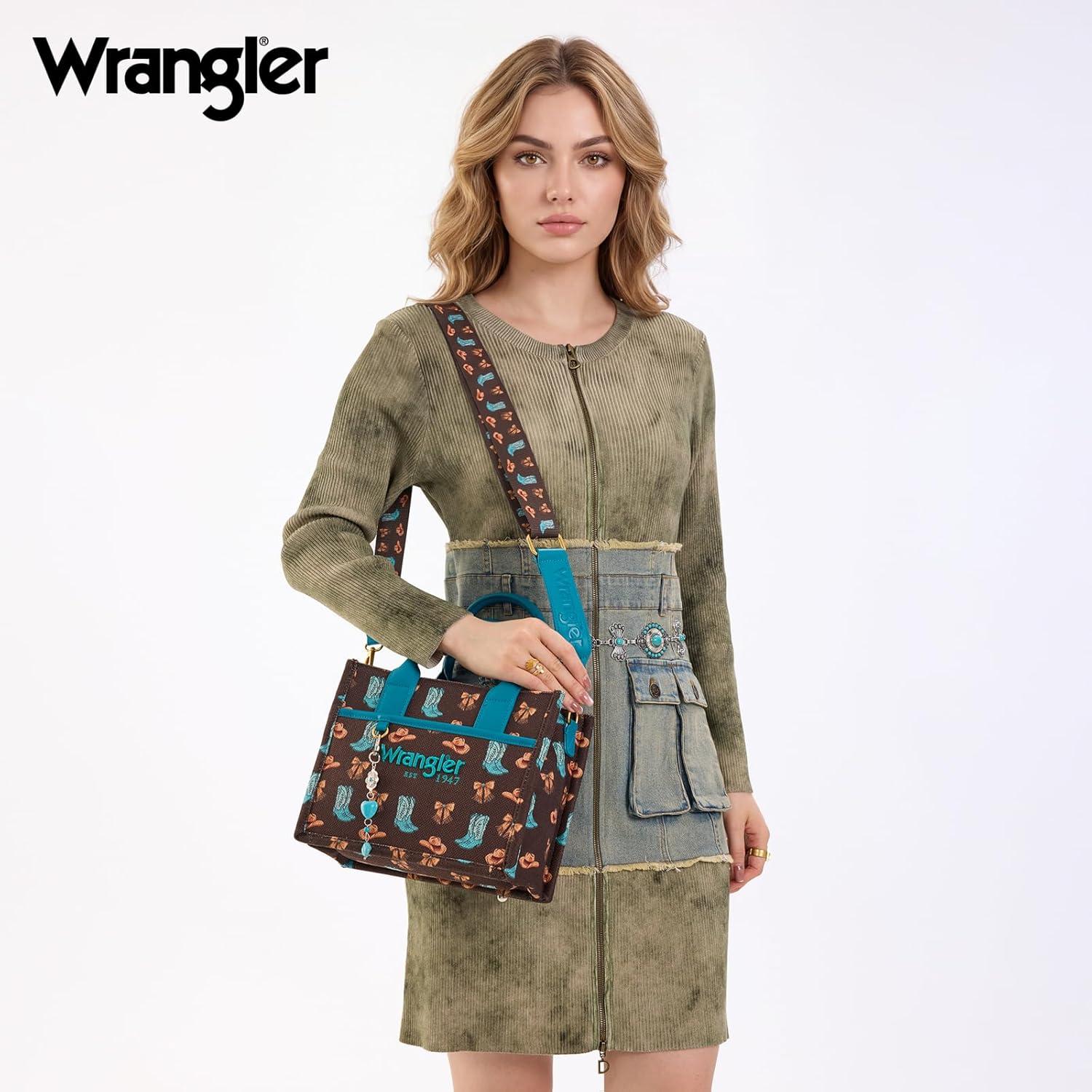 imageMontana West Wrangler Rodeo Icons Tote Bags Medium Satchel Handbags Western Canvas Top Handle with CharmPrint Coffee