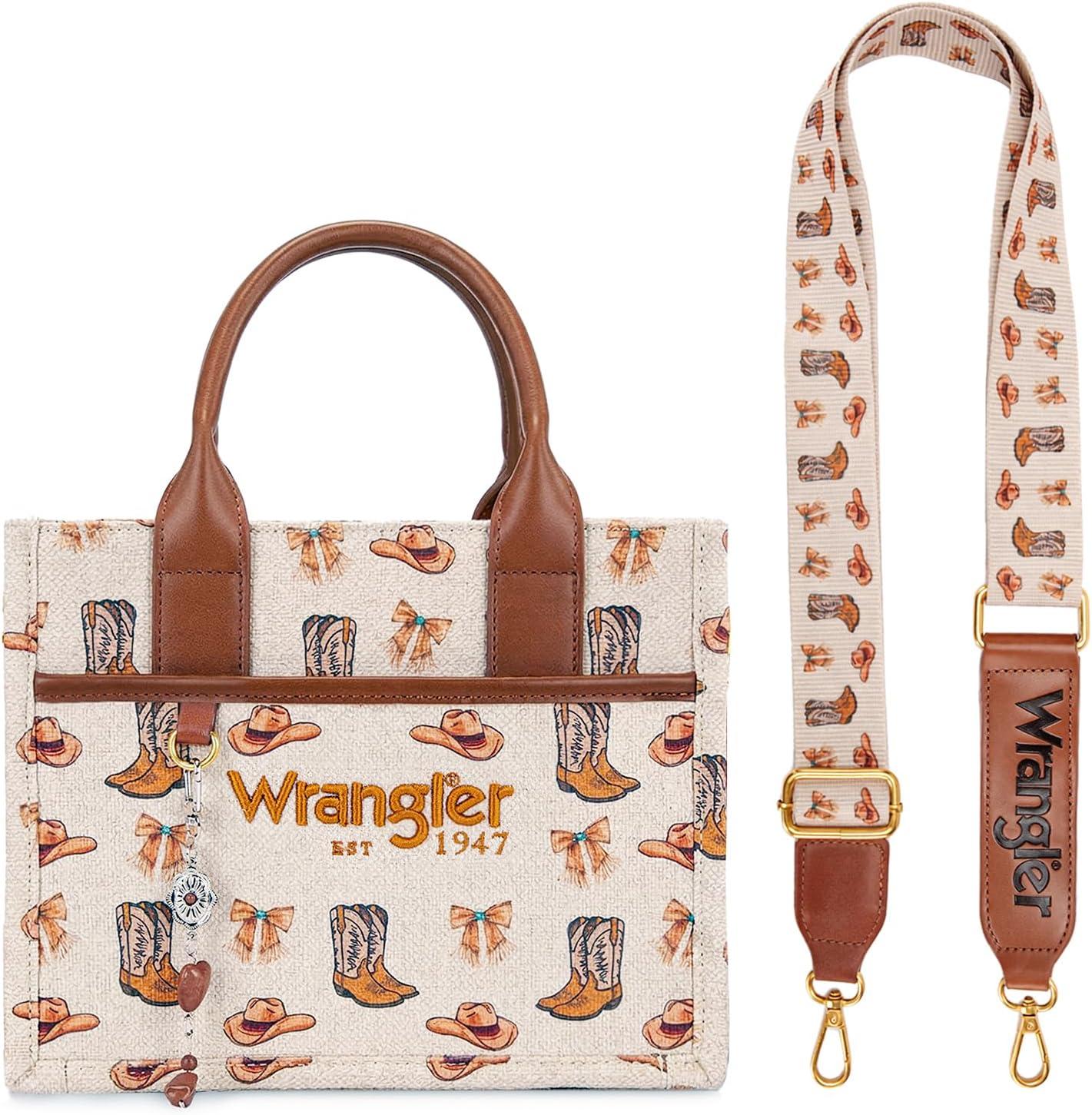 imageMontana West Wrangler Rodeo Icons Tote Bags Medium Satchel Handbags Western Canvas Top Handle with CharmPrint Tan