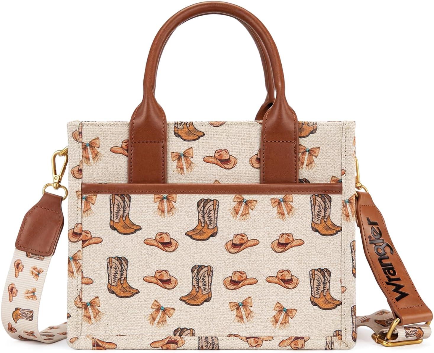 imageMontana West Wrangler Rodeo Icons Tote Bags Medium Satchel Handbags Western Canvas Top Handle with CharmPrint Tan