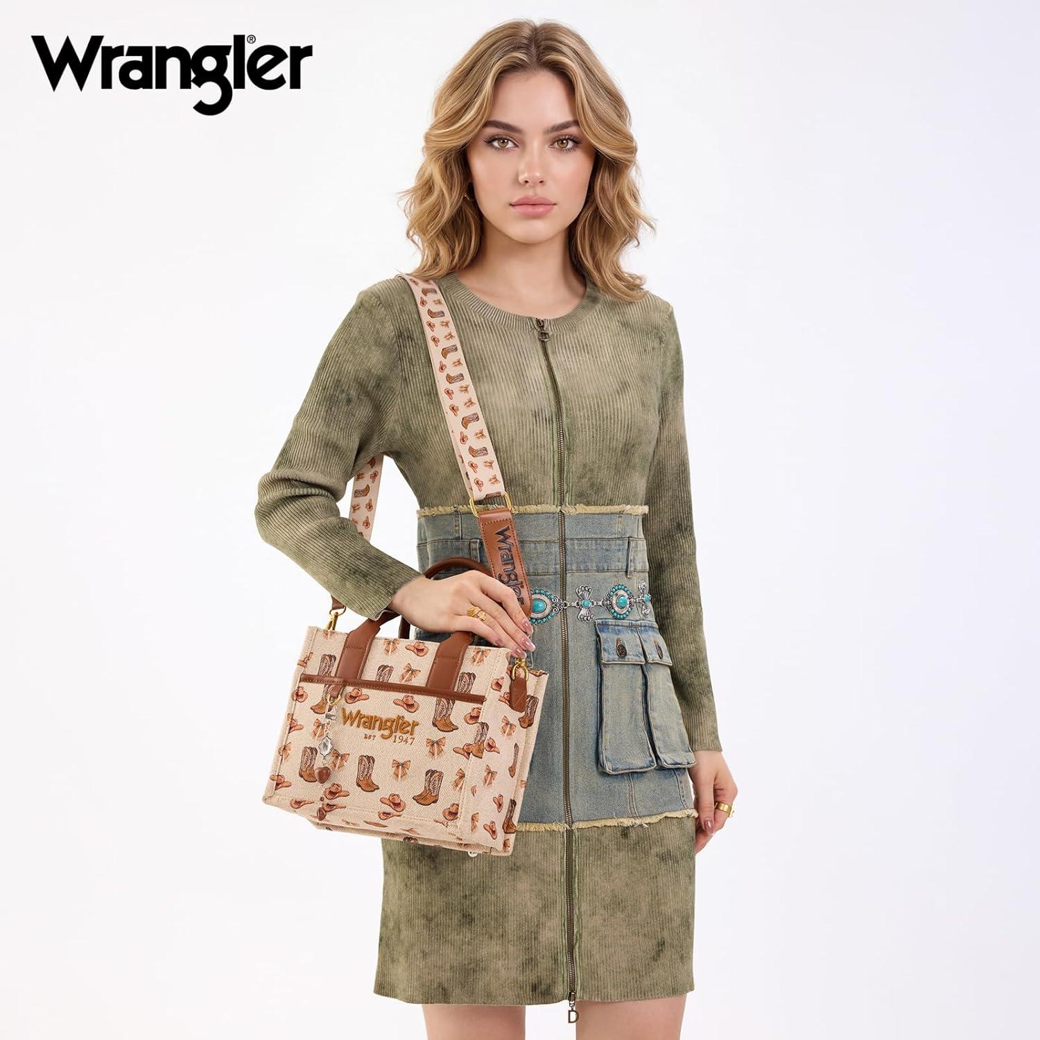 imageMontana West Wrangler Rodeo Icons Tote Bags Medium Satchel Handbags Western Canvas Top Handle with CharmPrint Tan