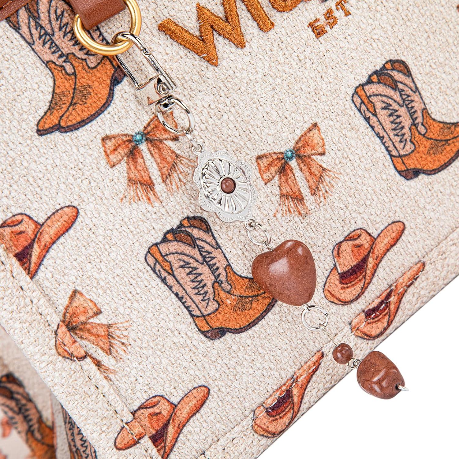 imageMontana West Wrangler Rodeo Icons Tote Bags Medium Satchel Handbags Western Canvas Top Handle with CharmPrint Tan