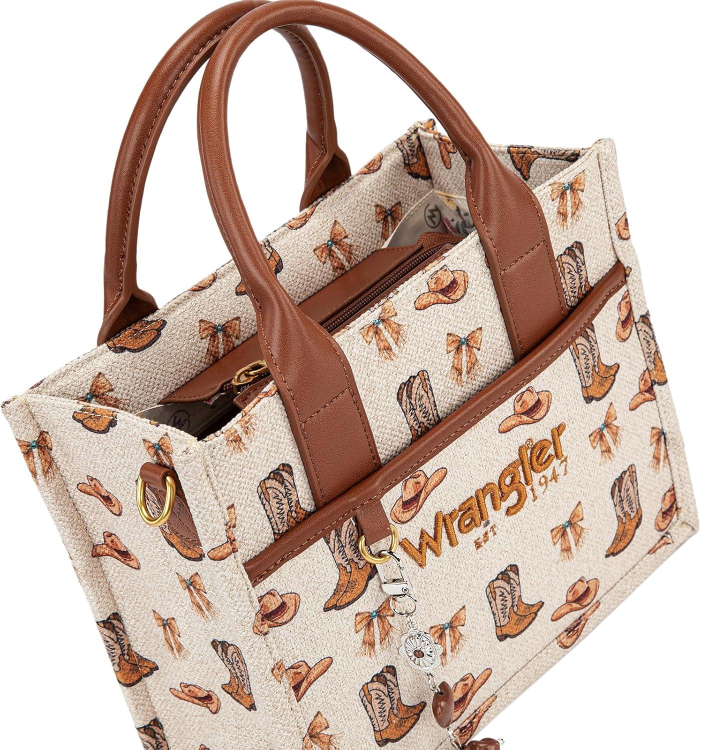 imageMontana West Wrangler Rodeo Icons Tote Bags Medium Satchel Handbags Western Canvas Top Handle with CharmPrint Tan