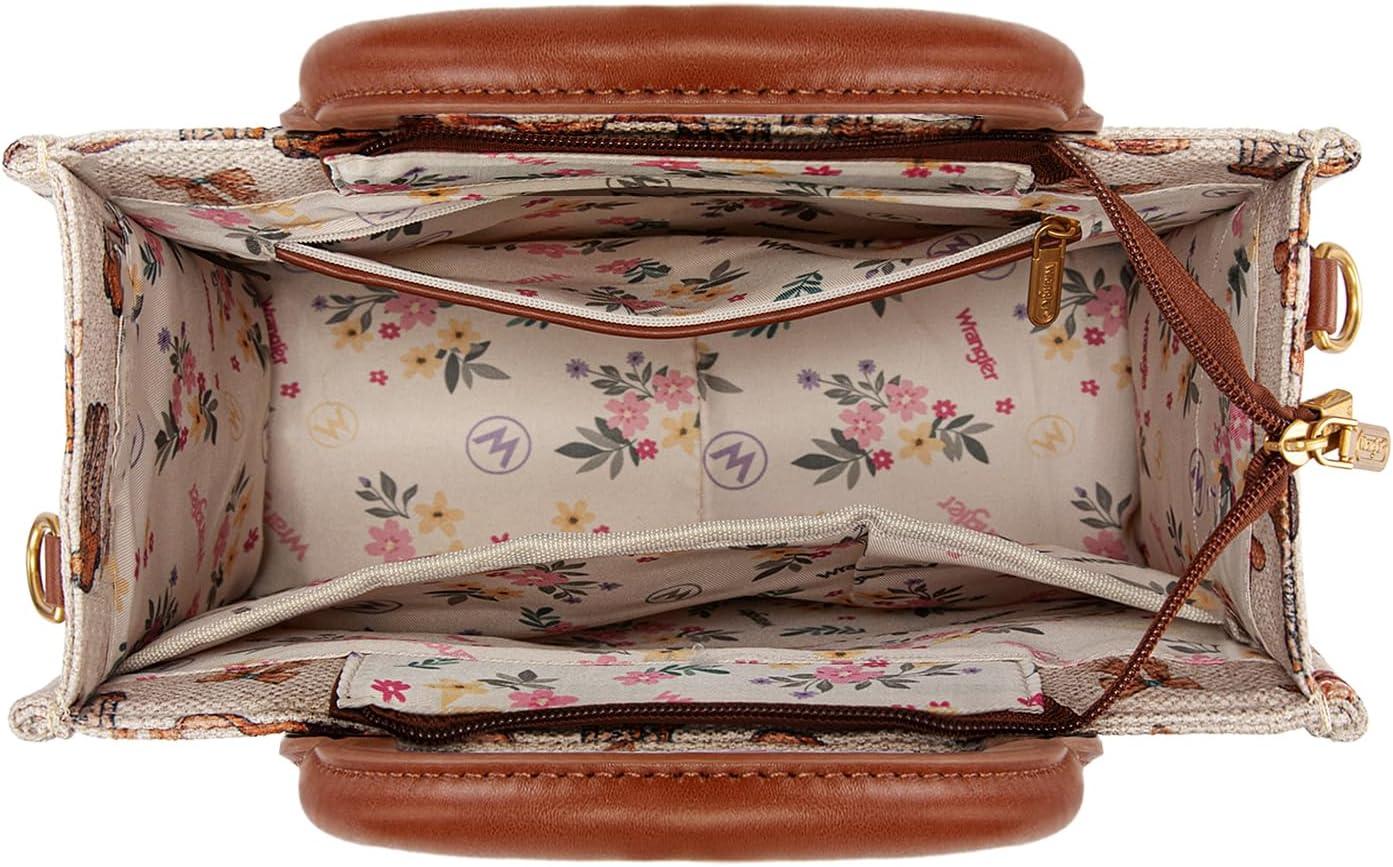 imageMontana West Wrangler Rodeo Icons Tote Bags Medium Satchel Handbags Western Canvas Top Handle with CharmPrint Tan