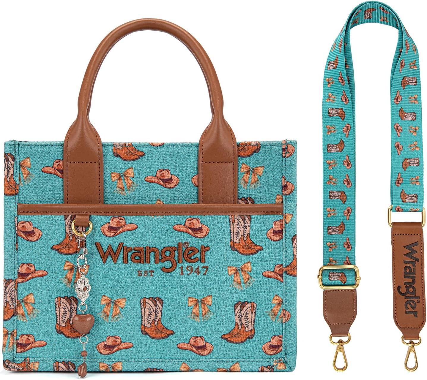 imageMontana West Wrangler Rodeo Icons Tote Bags Medium Satchel Handbags Western Canvas Top Handle with CharmPrint Turquoise