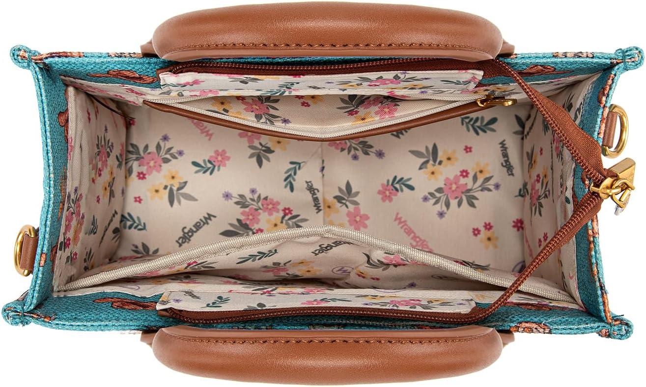 imageMontana West Wrangler Rodeo Icons Tote Bags Medium Satchel Handbags Western Canvas Top Handle with CharmPrint Turquoise