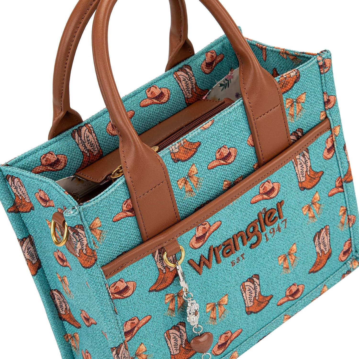 imageMontana West Wrangler Rodeo Icons Tote Bags Medium Satchel Handbags Western Canvas Top Handle with CharmPrint Turquoise