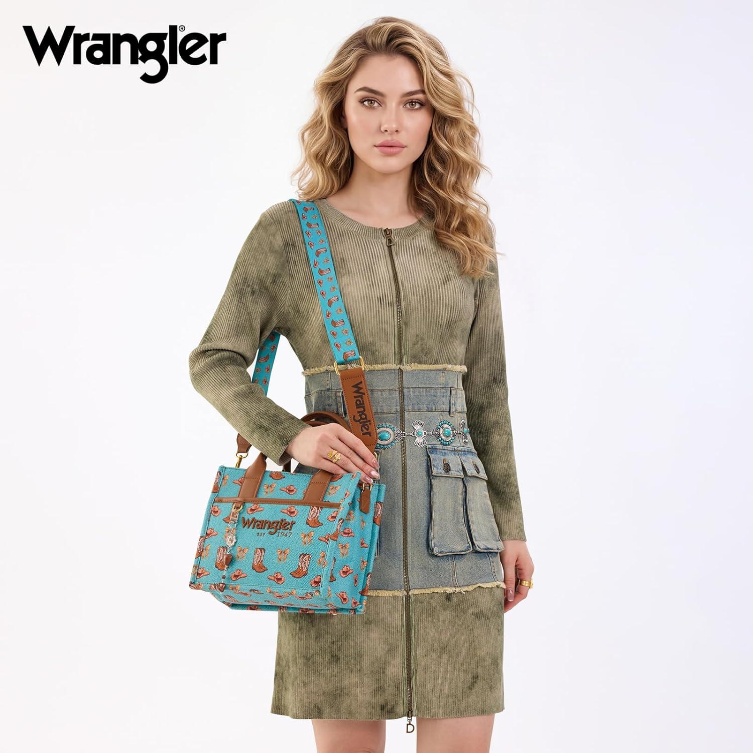 imageMontana West Wrangler Rodeo Icons Tote Bags Medium Satchel Handbags Western Canvas Top Handle with CharmPrint Turquoise