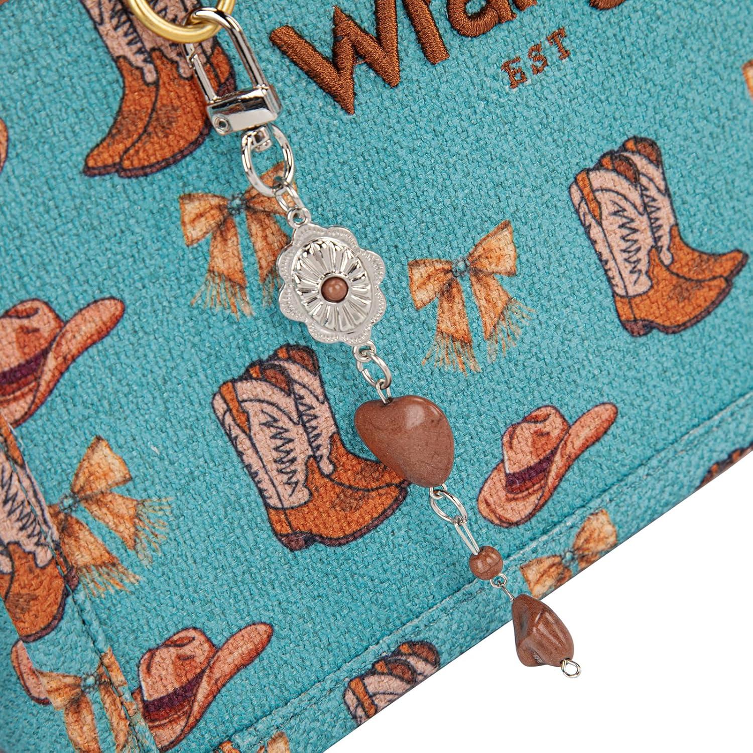 imageMontana West Wrangler Rodeo Icons Tote Bags Medium Satchel Handbags Western Canvas Top Handle with CharmPrint Turquoise