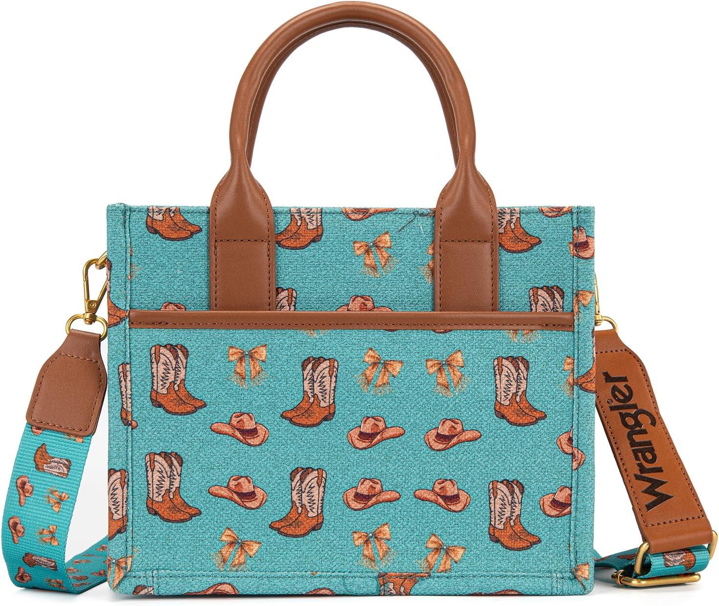imageMontana West Wrangler Rodeo Icons Tote Bags Medium Satchel Handbags Western Canvas Top Handle with CharmPrint Turquoise