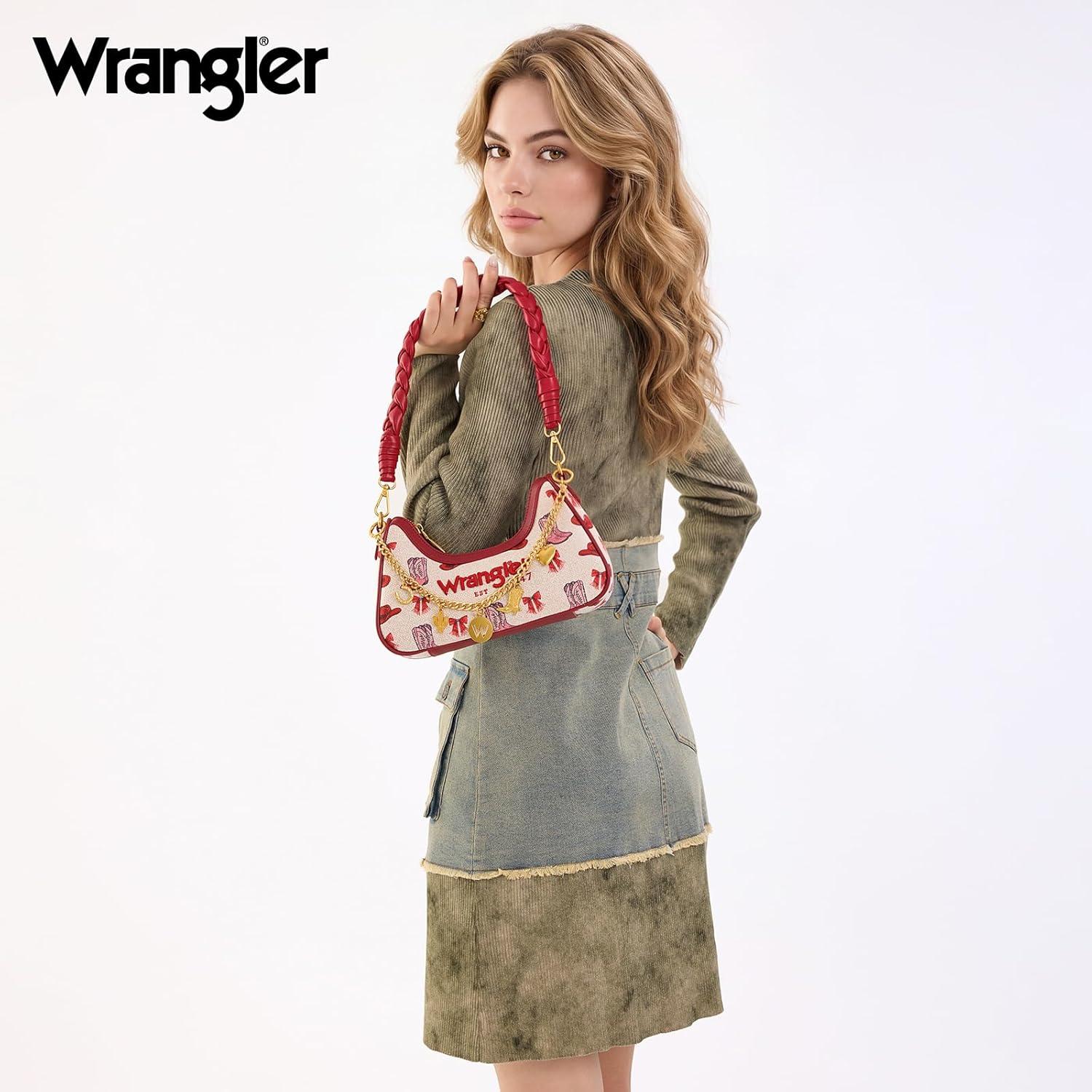 imageWrangler Shoulder Bag for Women Cowboy Print Crescent Underarm Western RODEO ICONS Clutch Purse with ChainChainpink