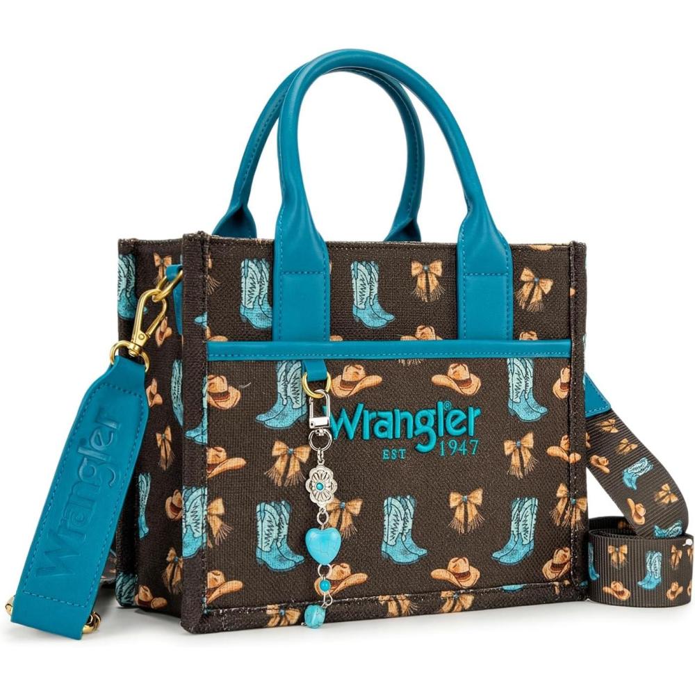 imageMontana West Wrangler Rodeo Icons Tote Bags Medium Satchel Handbags Western Canvas Top Handle with CharmPrint Coffee
