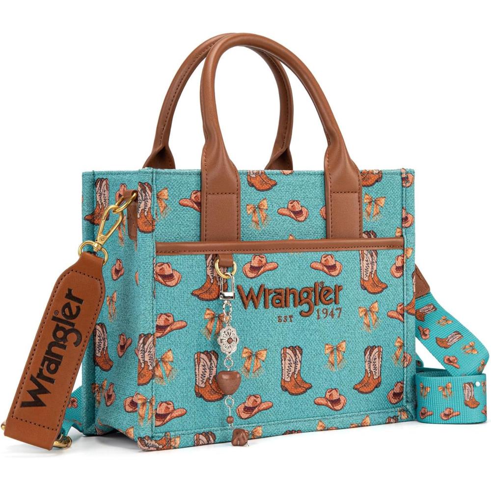 imageMontana West Wrangler Rodeo Icons Tote Bags Medium Satchel Handbags Western Canvas Top Handle with CharmPrint Turquoise