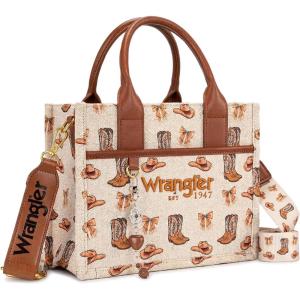 Montana West Wrangler Rodeo Icons Tote Bags Medium Satchel Handbags Western Canvas Top Handle with Charm(Print Tan)
