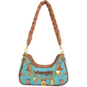 Wrangler Shoulder Bag for Women Cowboy Print Crescent Underarm Western RODEO ICONS Clutch Purse with Chain(Chain-turquoise)