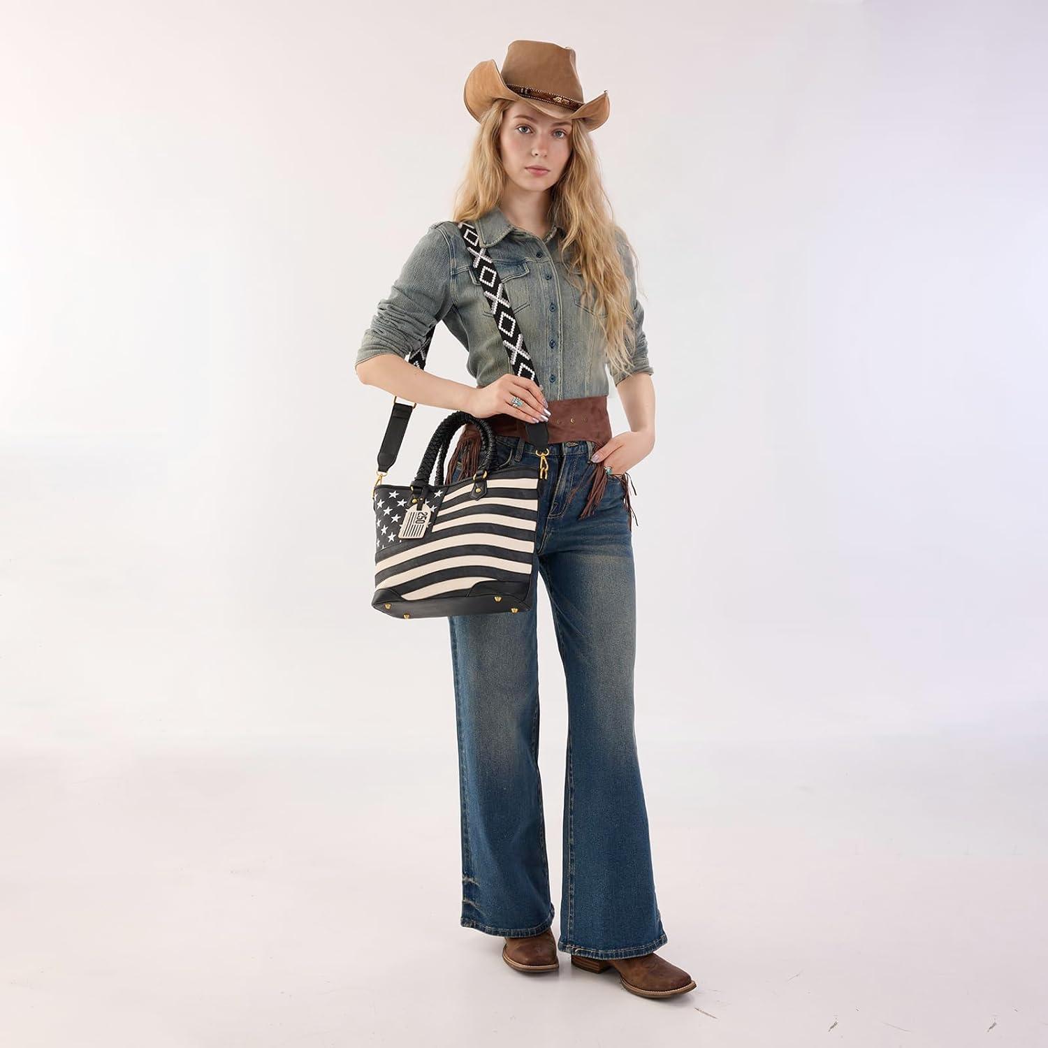 imageMontana West American Flag Tote Bag for Women Vintage Patriotic Western Shoulder Purse with Braided Top HandlesBlack