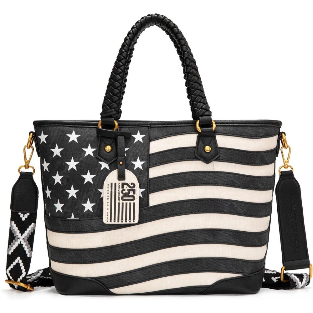 imageMontana West American Flag Tote Bag for Women Vintage Patriotic Western Shoulder Purse with Braided Top HandlesBlack