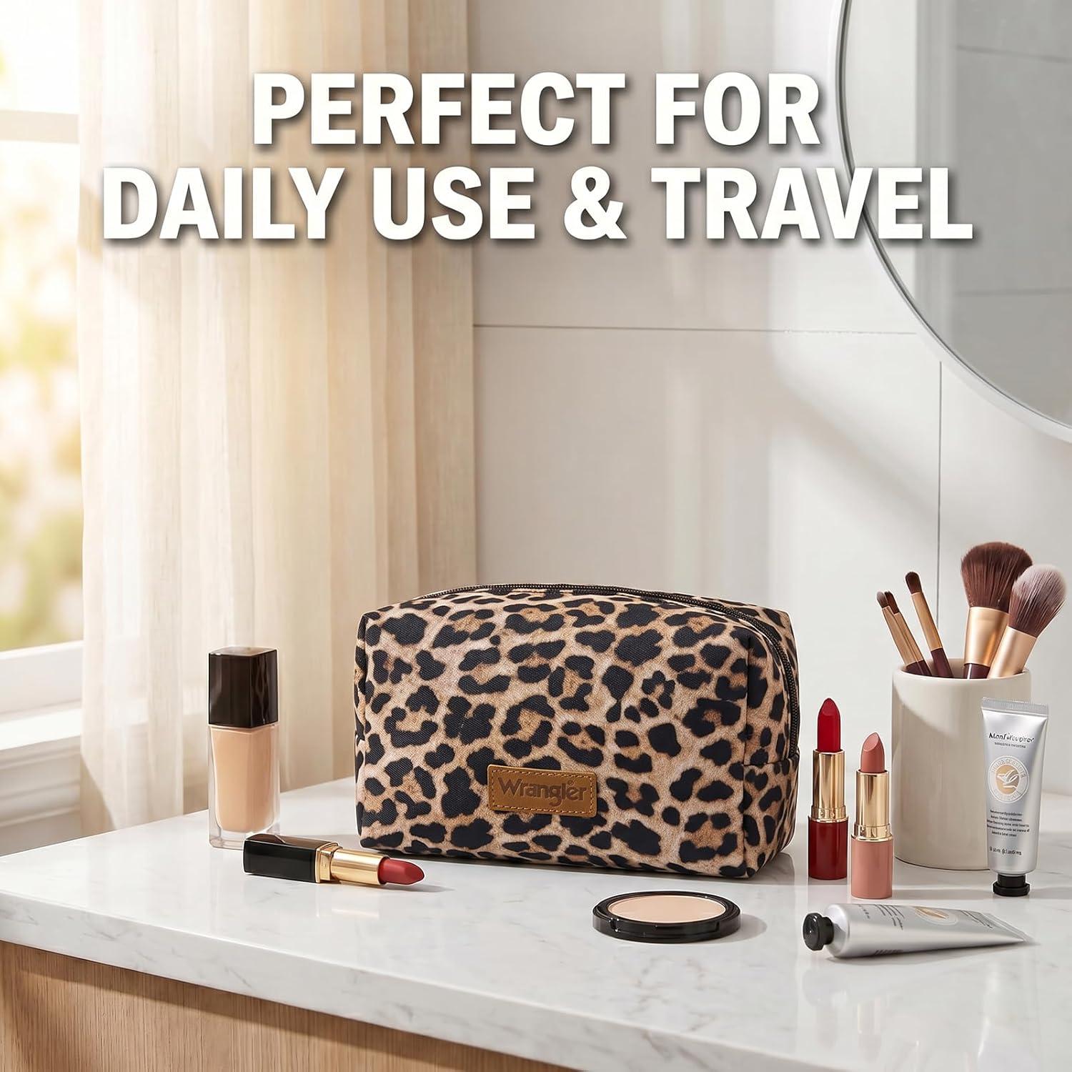 imageMontana West X Wrangler Travel Makeup Bag Portable Cosmetic Bag Makeup Pouch for Women Large Capacity Toiletry BagLeopard