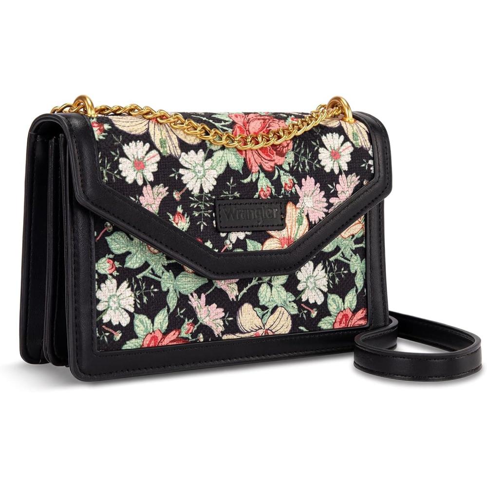 imageWrangler Flap Shoulder Bag for Women Vintage Floral Tooled Crossbody Purse with Chain StrapFloraljet Black